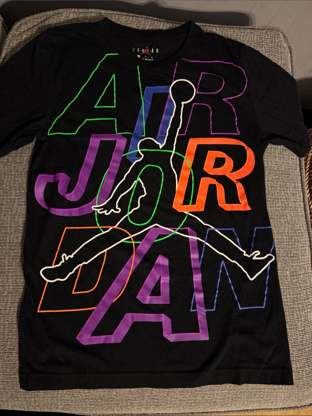 Jordan Black Art Print Tee with Neon Green, Purple, Orange, Blue and White